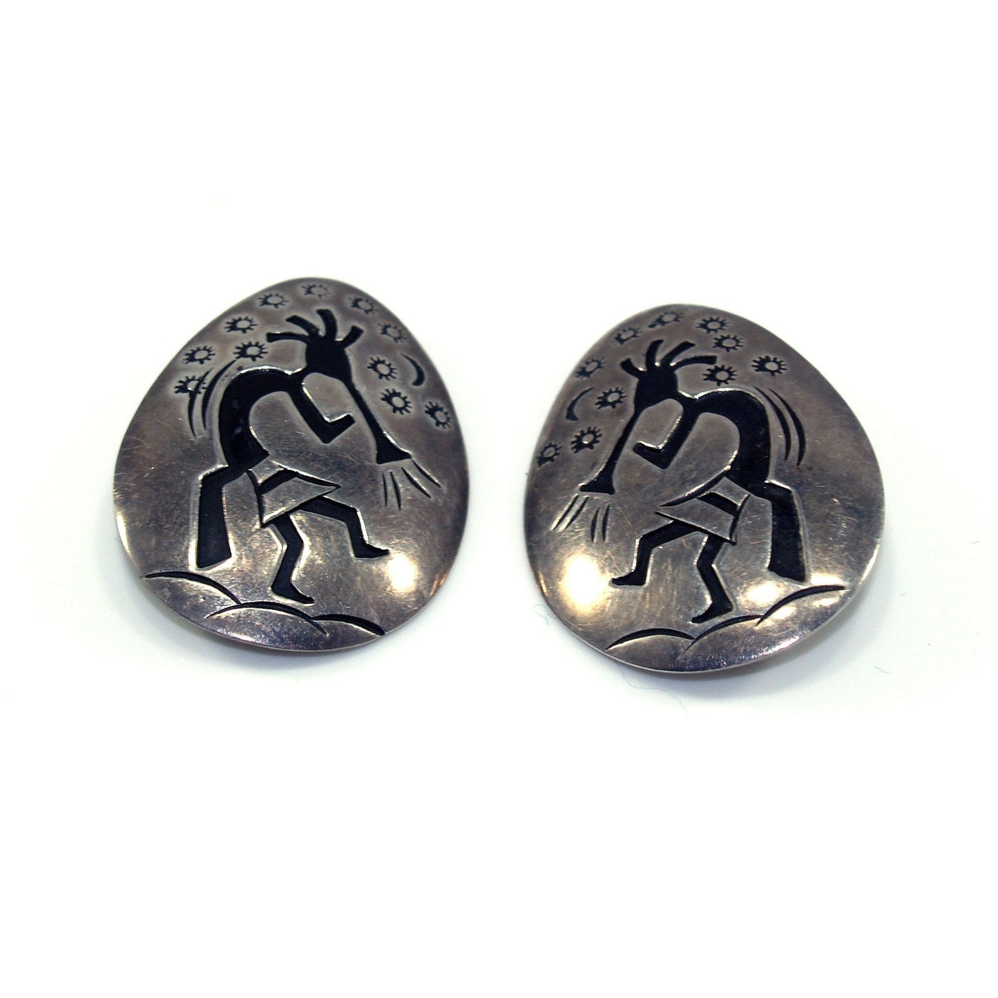 Navajo Clip Earrings, Sterling Silver Kokopelli, Della & Francis James, 1960s
