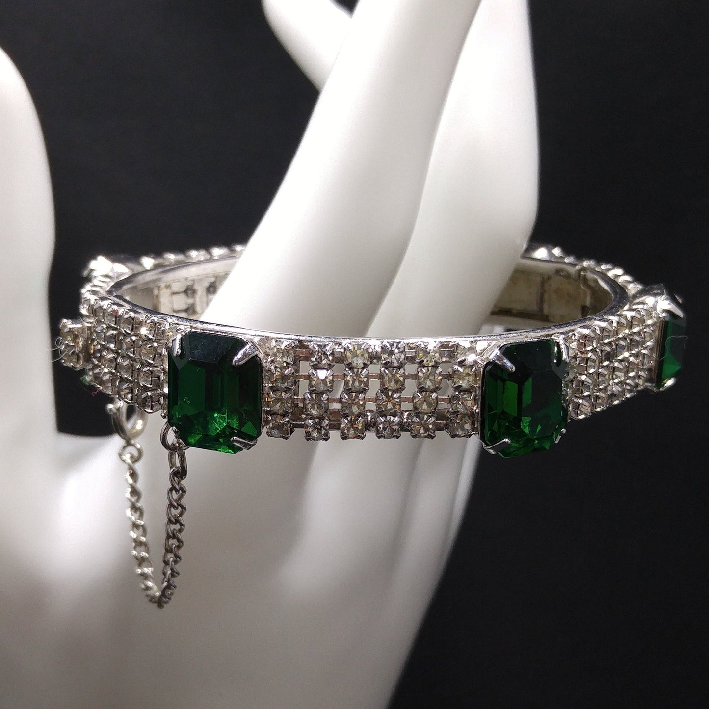 Kramer Green Rhinestone Hinged Bracelet, Safety Chain, 1960s Vintage Jewelry