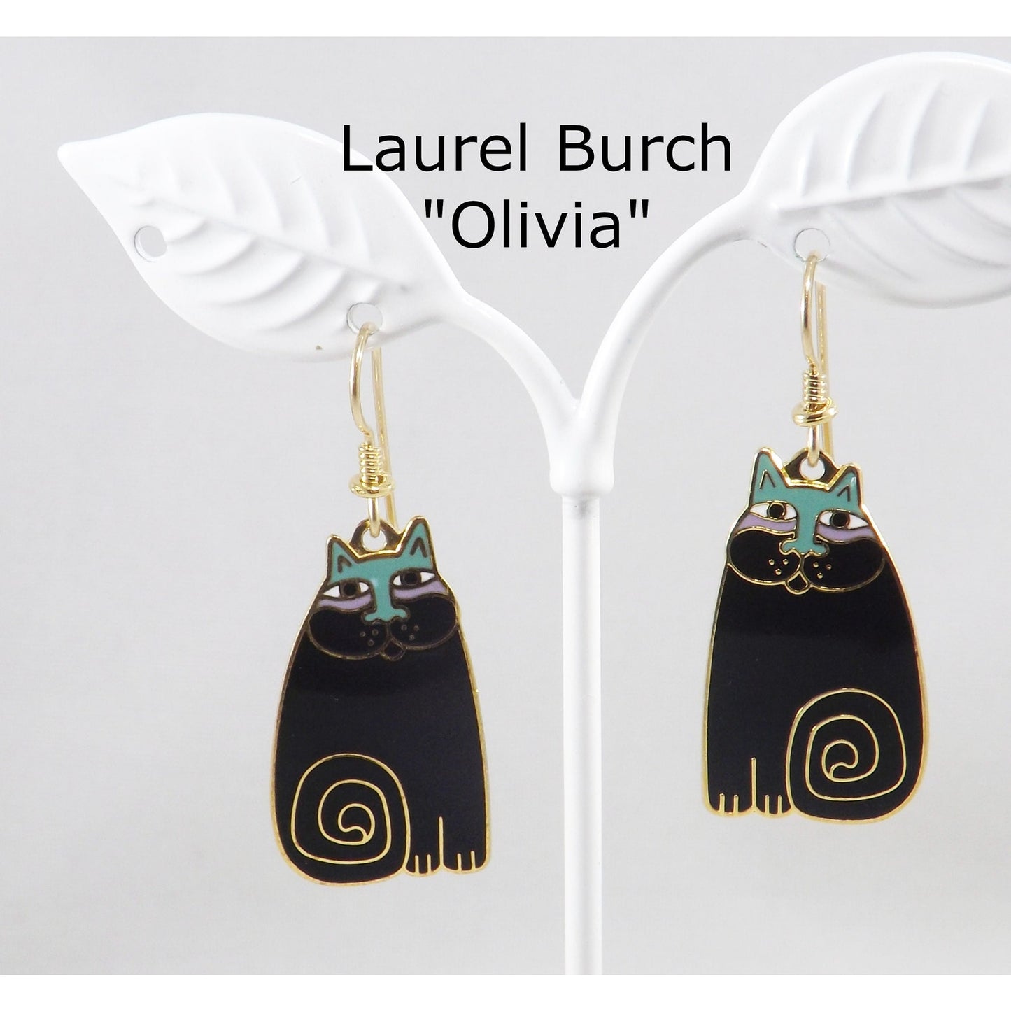 Laurel Burch "Olivia" Cat Earrings, Gold Plated, Black Enamel, 1980s Vintage