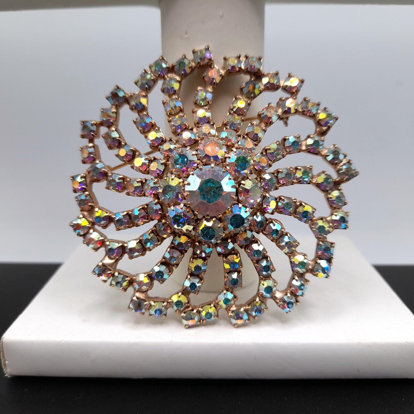 Mid-Century Aurora Borealis Rhinestone Brooch, Gold Plated, 1960s Vintage Jewelry