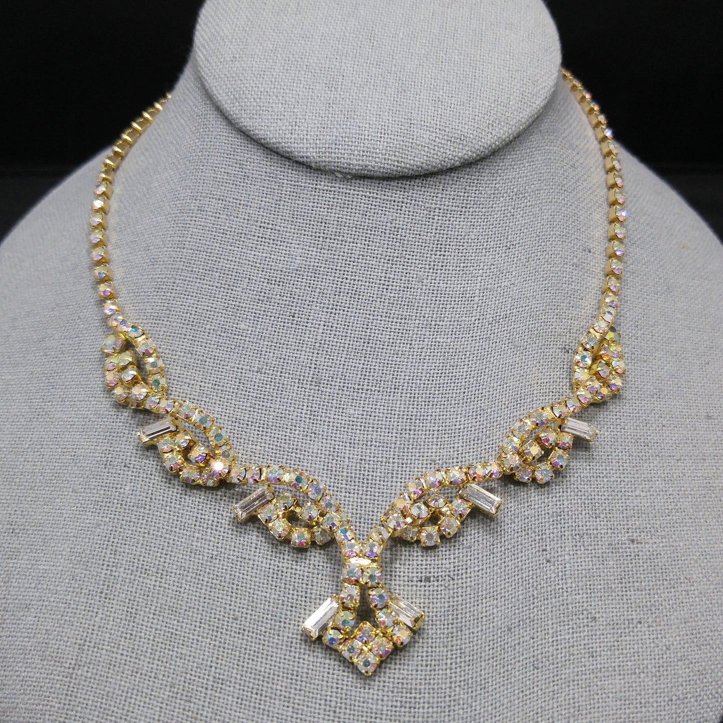 Vintage Aurora Borealis Rhinestone Choker Necklace, 3D Design, Gold Plated, 1960s Vintage Jewelry