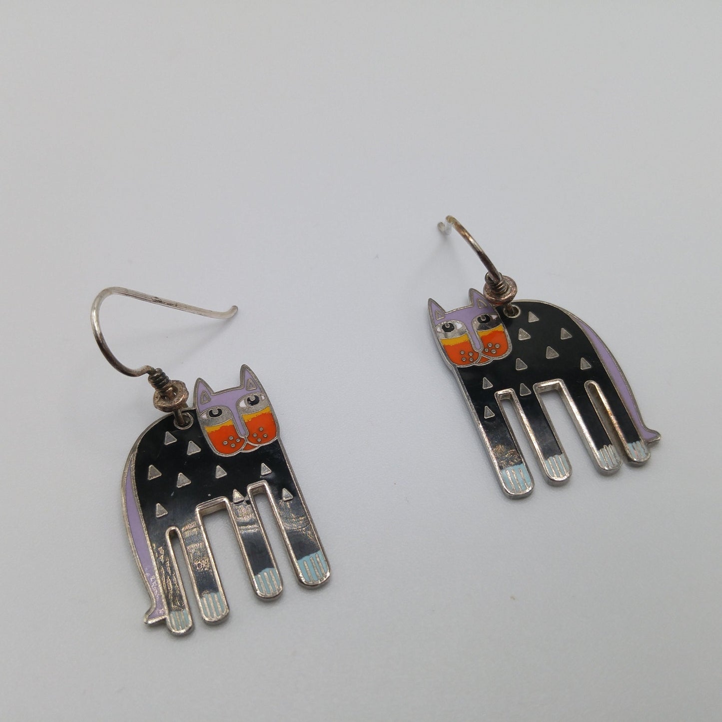 Laurel Burch "Alexander's Animal" Cat Earrings, Rhodium Plated Enamel, 1980s Vintage Jewelry