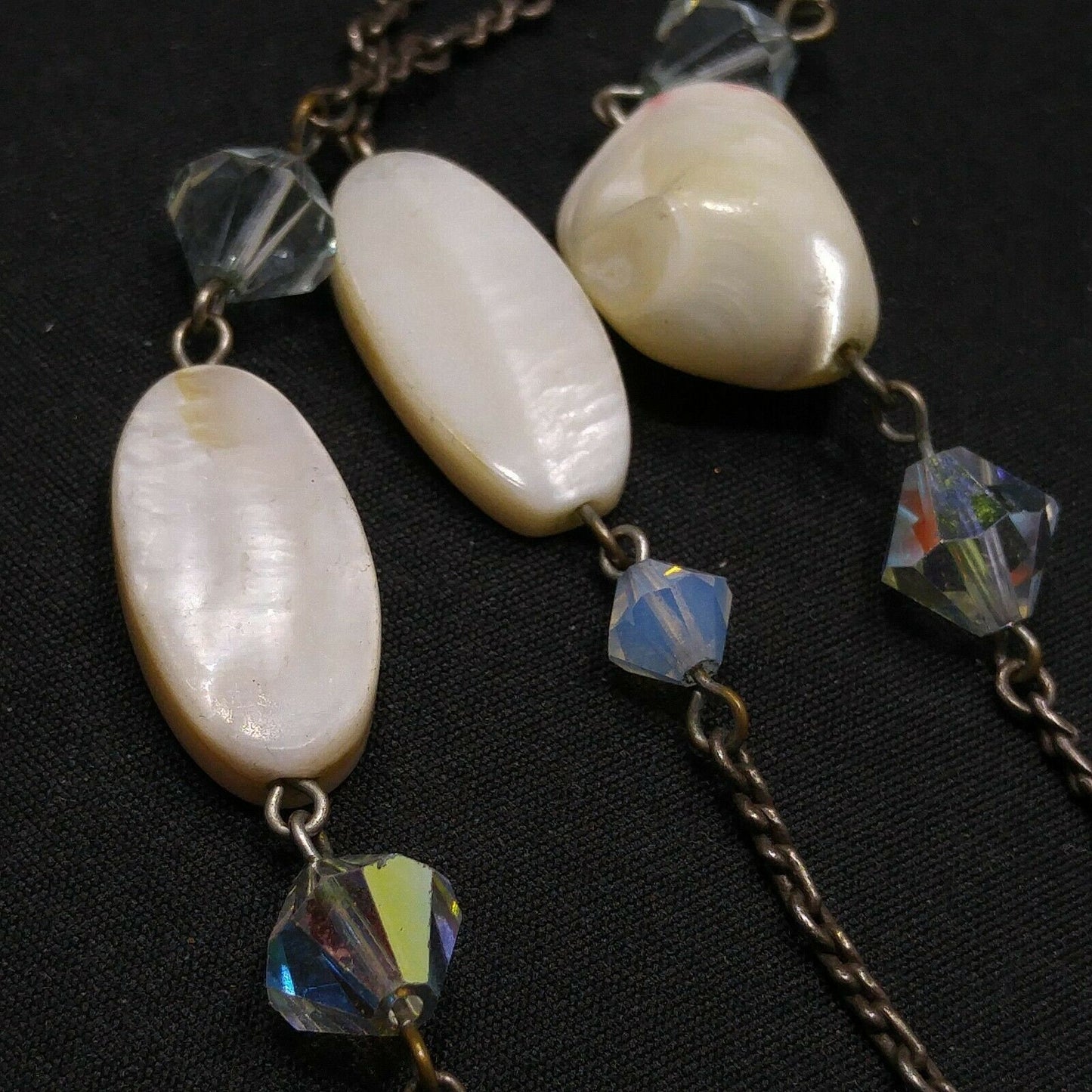 Liz Palacios S.F. White Shell & Crystal Long Necklace, 42 Inch Layering Necklace, Vintage Jewelry