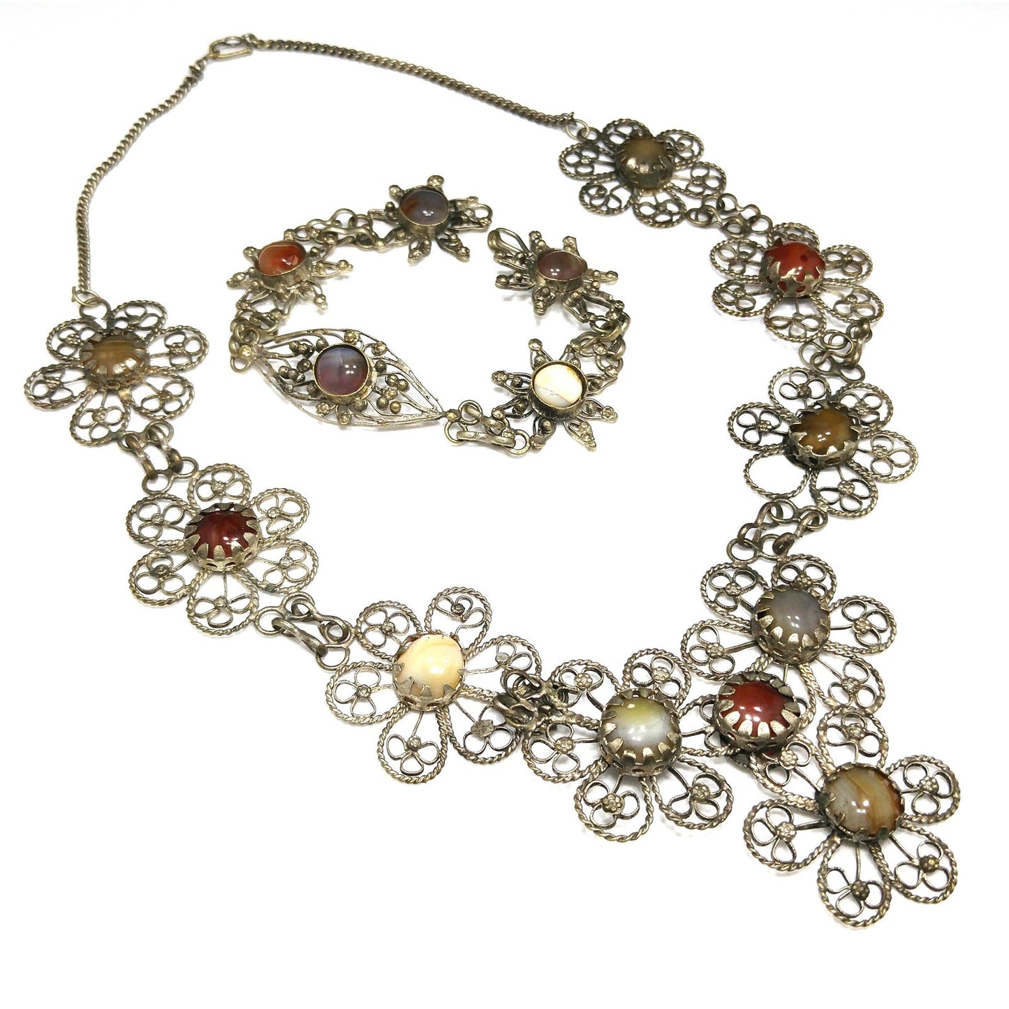 Multicolored Gemstones Twisted Wire Necklace & Bracelet, German or Nickel Silver, 1970s Vintage Jewelry