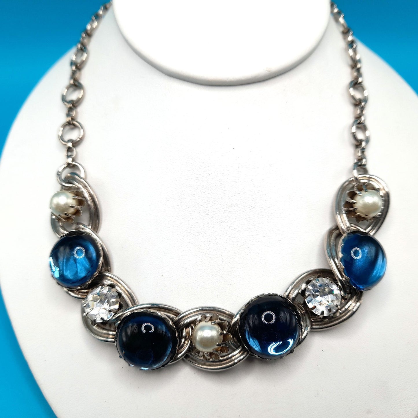 Vintage Blue Cabochon Choker Necklace, Faux Pearls, Clear Rhinestones, 1950s Vintage Jewelry
