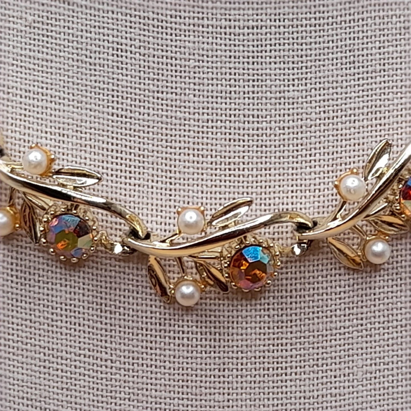 Vintage Light Topaz Rhinestone Choker Necklace, Faux Pearls, 1950s, 15 In