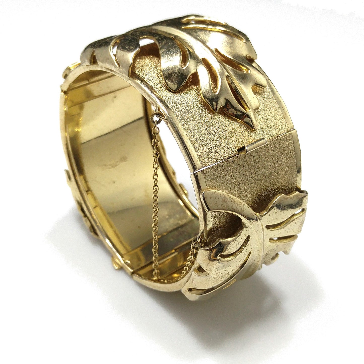 Whiting & Davis Gold Plated Leaf Bracelet, Hinged Wide Clamper, 1950s Vintage Jewelry