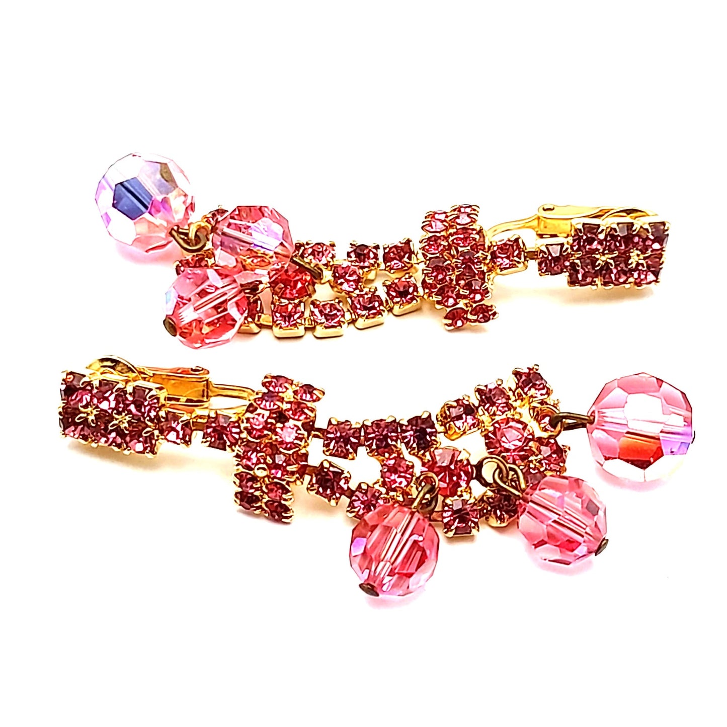 Vintage Pink Rhinestone Crystal Drop Clip On Earrings
