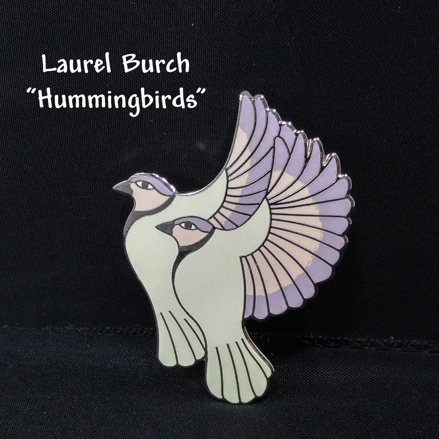 Vintage Laurel Burch "Hummingbirds" Pendant Brooch, White Gold Cloisonne, 1980s