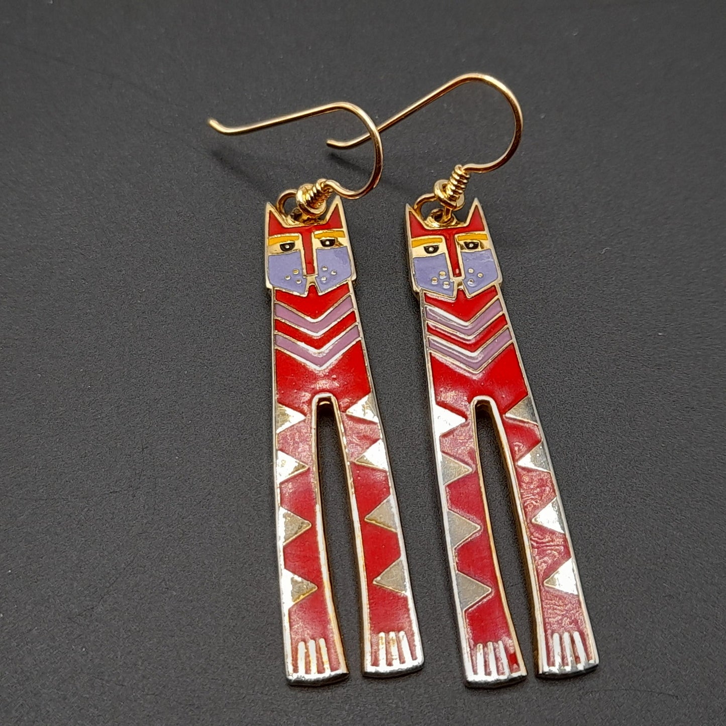 Laurel Burch Red Nubian Cat Earrings, Gold Plated, Tall Red Enamel Cats, 1980s Vintage Jewelry