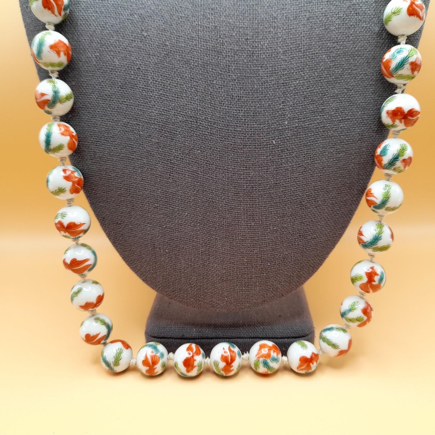 Hand Painted Koi Fish Bead Necklace, Ceramic Hand Knotted Vintage