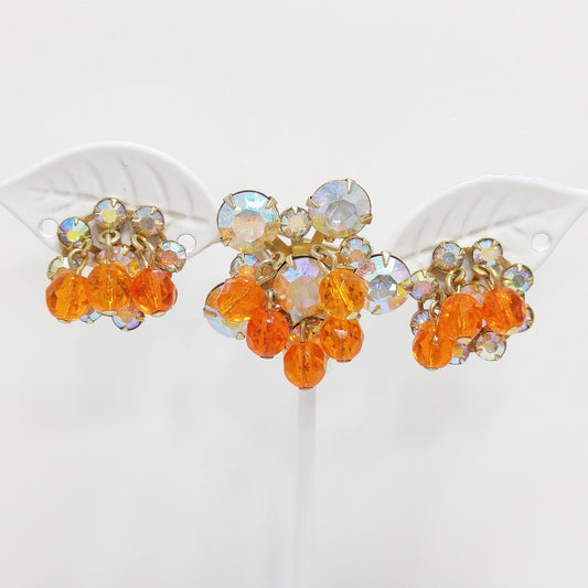 Small Aurora Borealis Brooch & Matching Earrings, Tangerine Orange Dangles, 1950