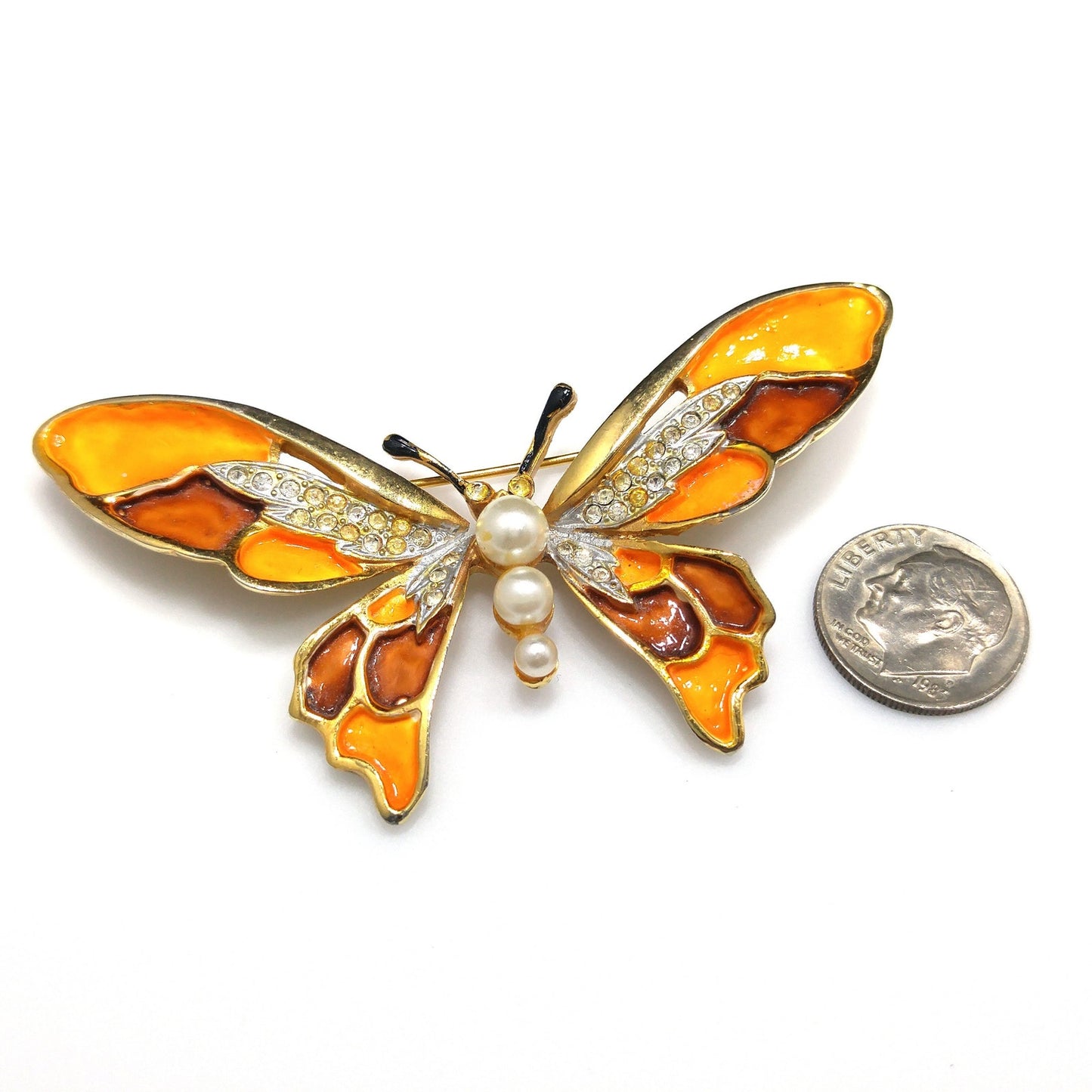 Kramer Orange Enamel Butterfly Brooch, Gold Plated, 1960s Vintage Jewelry