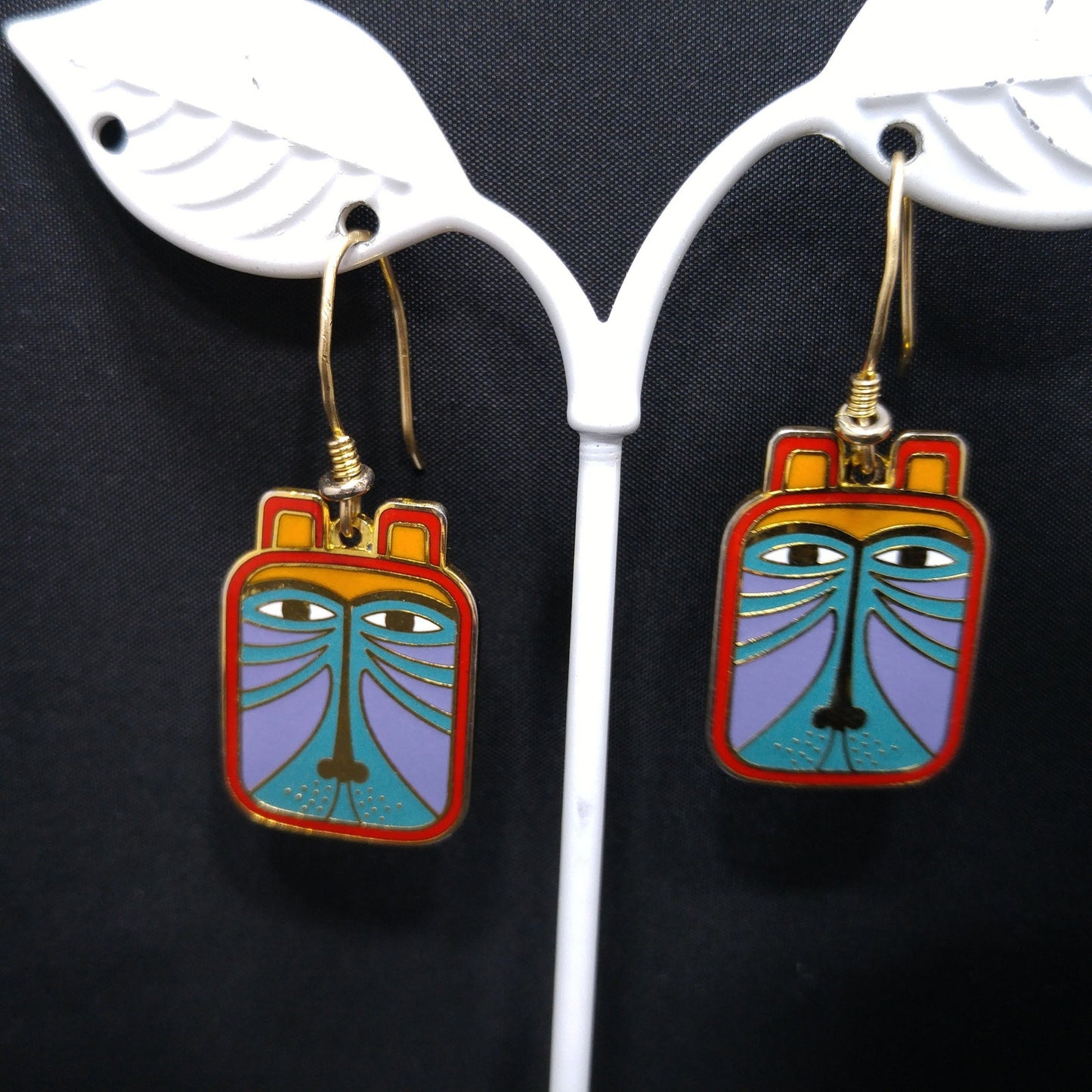 Laurel Burch "Toshio" Drop Earrings, Gold Plated & Enamel Cloisonné, 1980s Vintage Jewelry