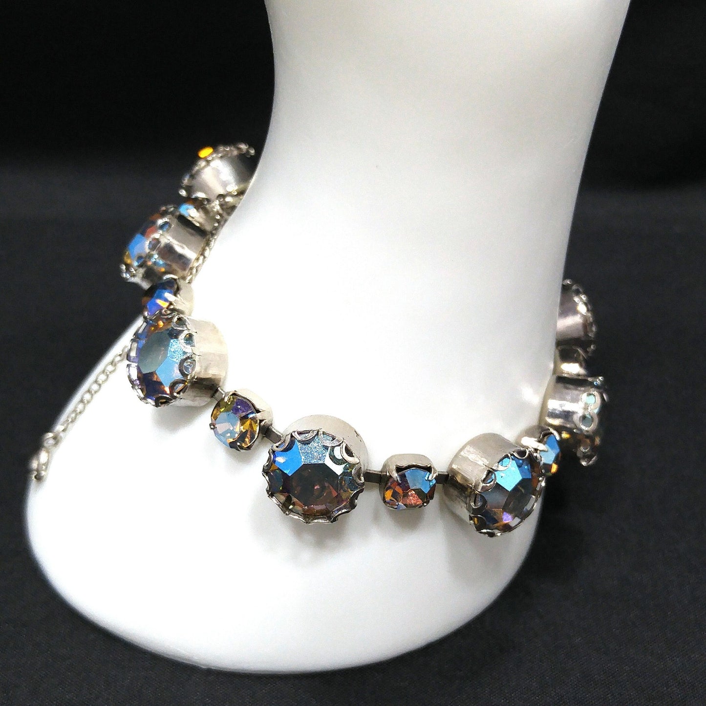 Blue Aurora Borealis Rhinestone Bracelet, Gold Plated, 1960s Vintage Jewelry