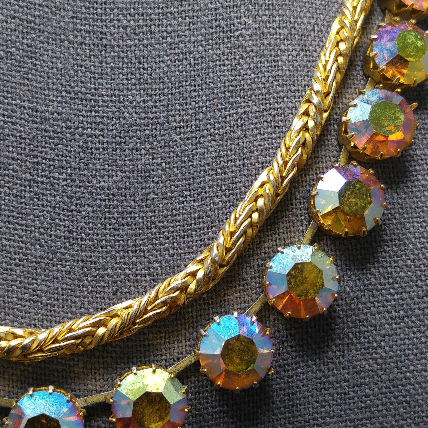 Hattie Carnegie Gold Rhinestone Necklace, Rope Chain Aurora Borealis, 1960s Vintage Jewelry