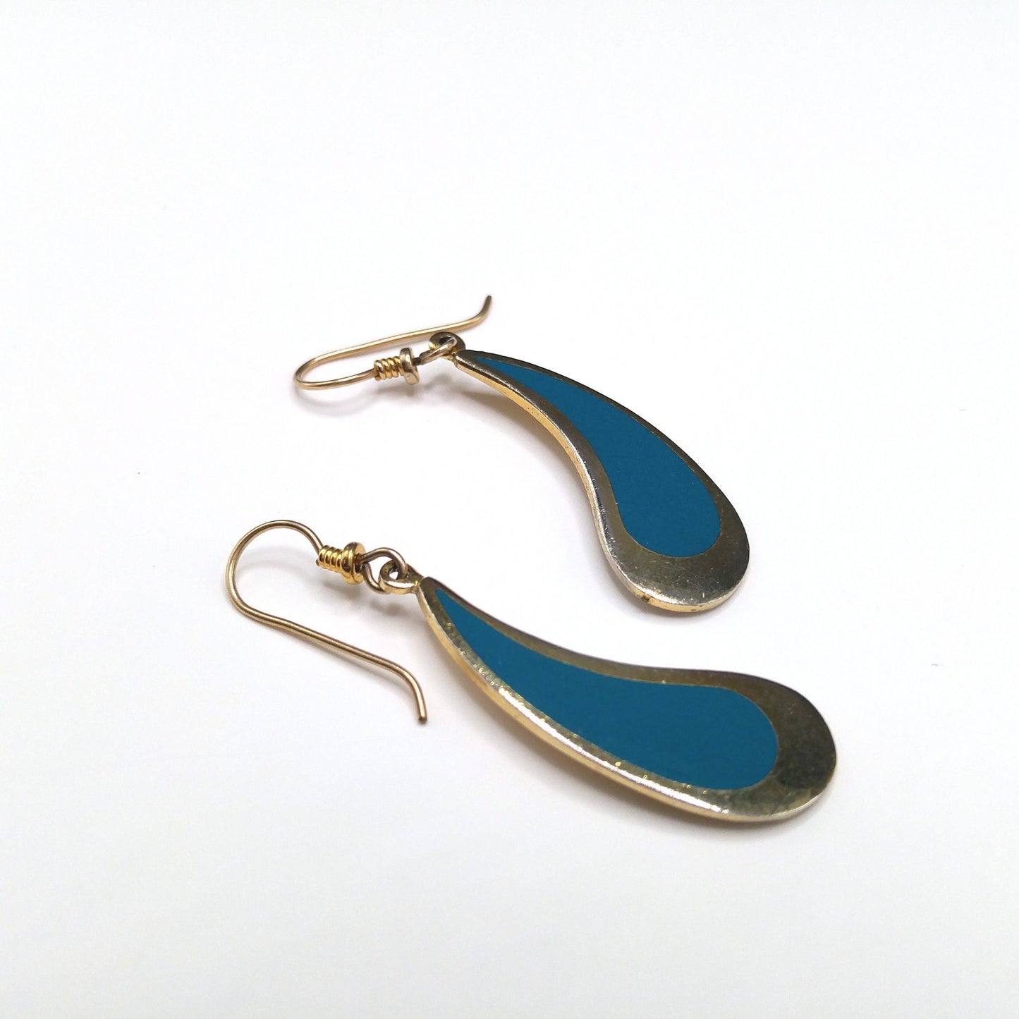 Vintage Laurel Burch Turquoise Drop Earrings, Curved Teardrop, Gold Plated