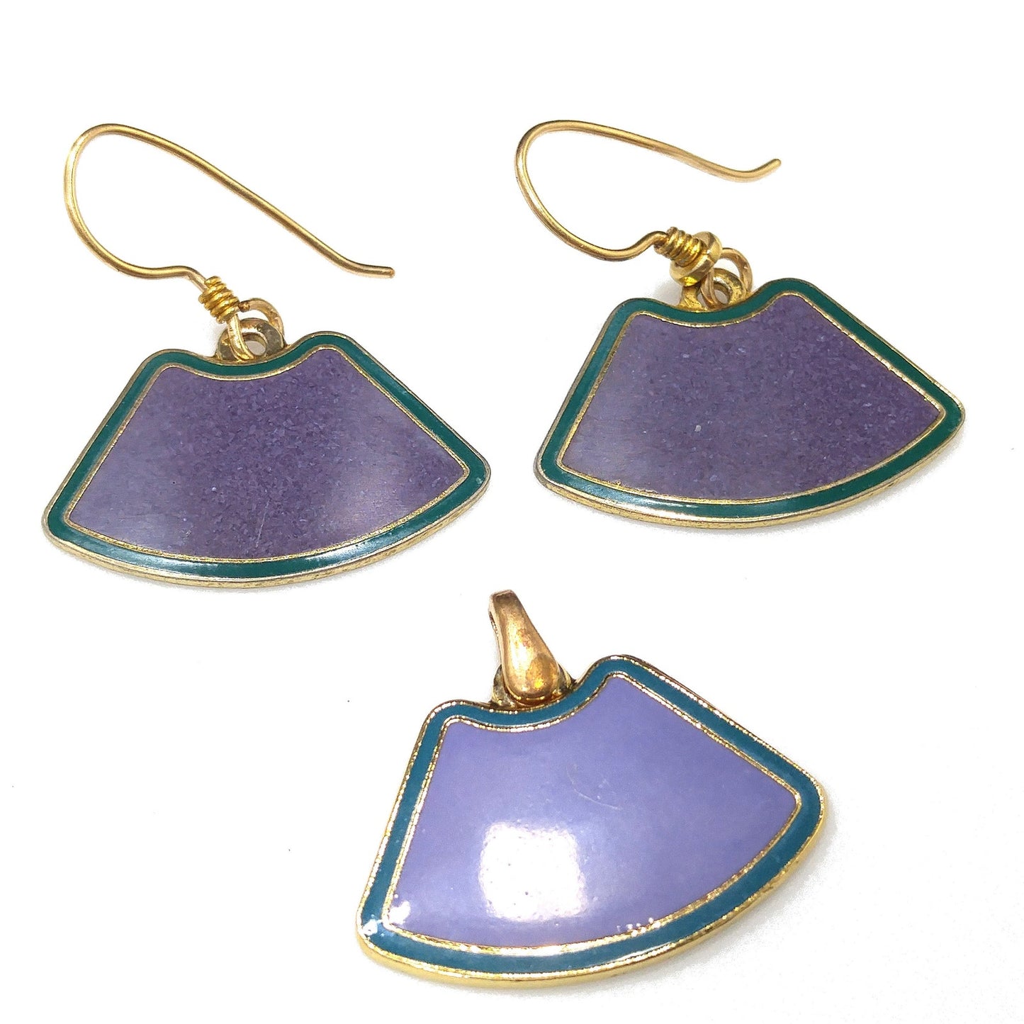 Laurel Burch Purple & Teal Earrings Pendant, Cloisonné Enamel, Gold Plated, 1980s Vintage Jewelry