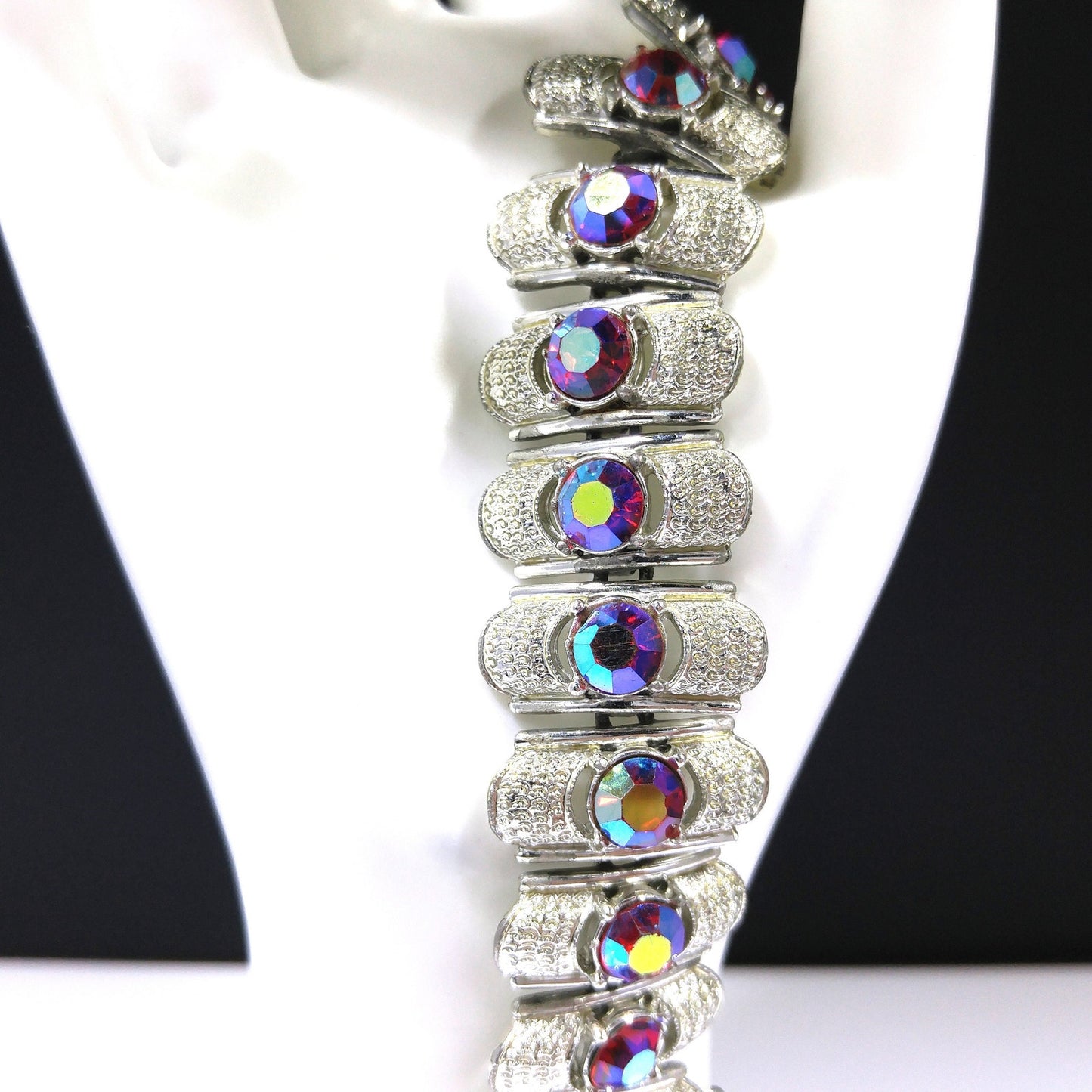 Coro Pegasus Red Aurora Borealis Rhinestone Bracelet, Rhodium Plated, 1950s Vintage Jewelry