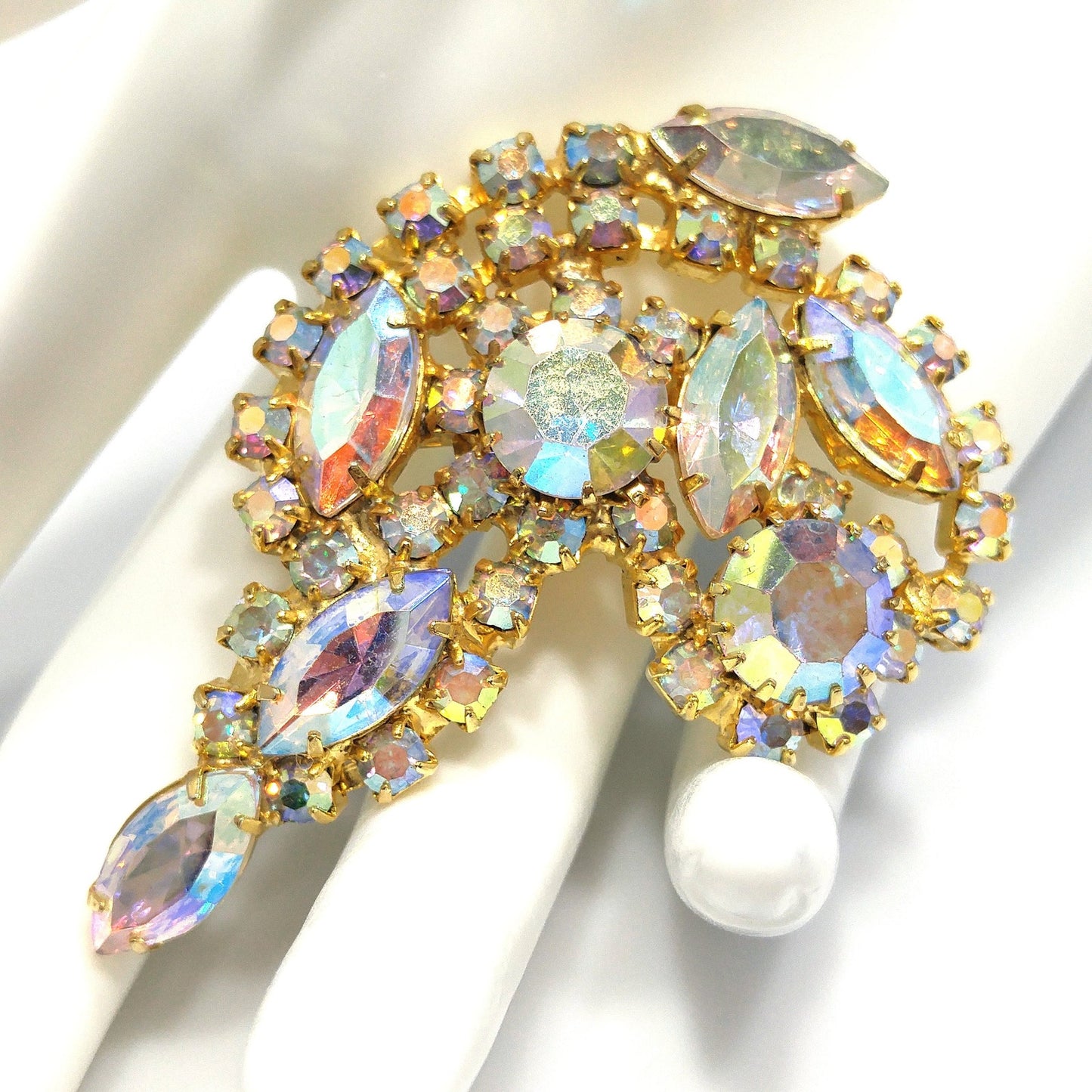 Aurora Borealis Rhinestone Brooch, Gold Plated, AB Clear Rhinestones, 1960s Vintage Jewelry