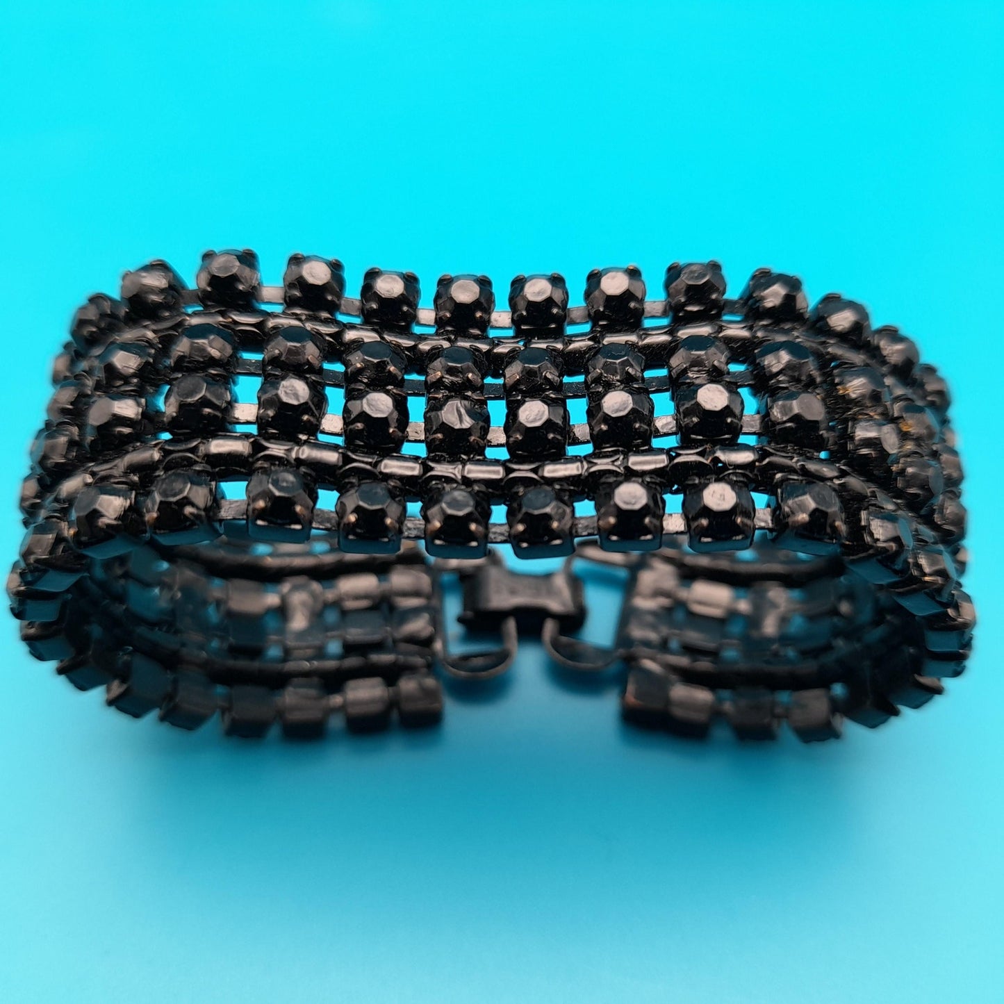 Vintage Weiss Black Rhinestone Bracelet, Japanned Finish, 1960s Jewelry