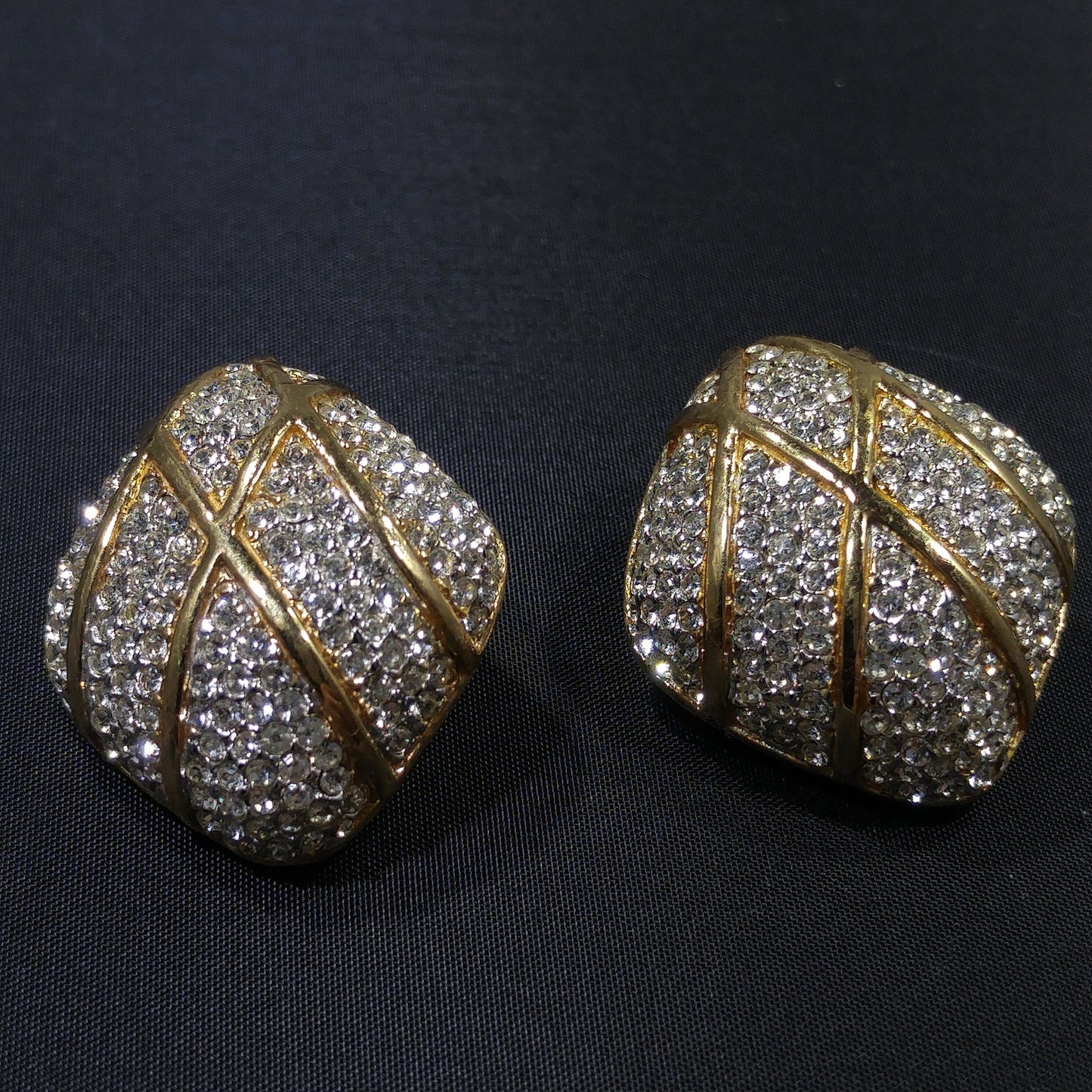 Vintage CINER Pave Rhinestone Clip Earrings, Gold Plated