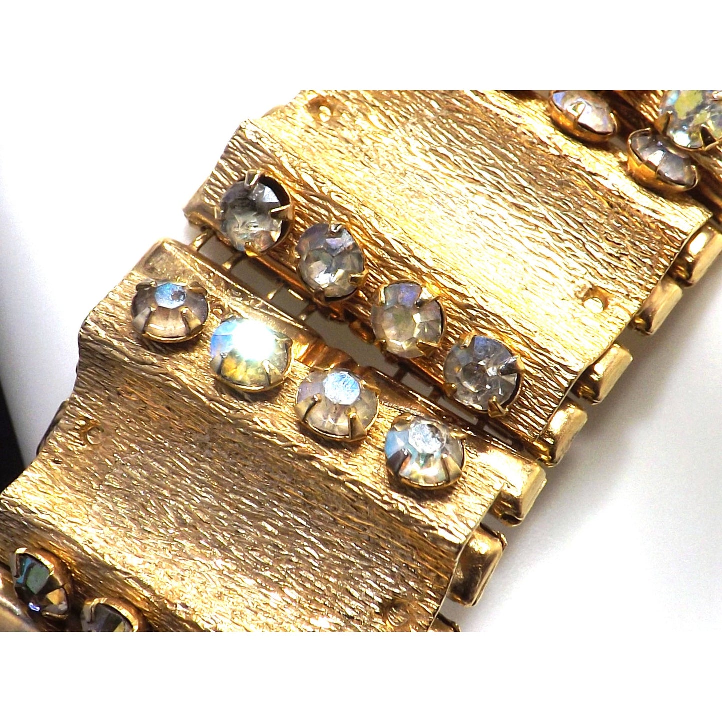 Vintage LERU Aurora Borealis Rhinestone Bracelet, Gold Plate Mid-Century, 7 1/8"