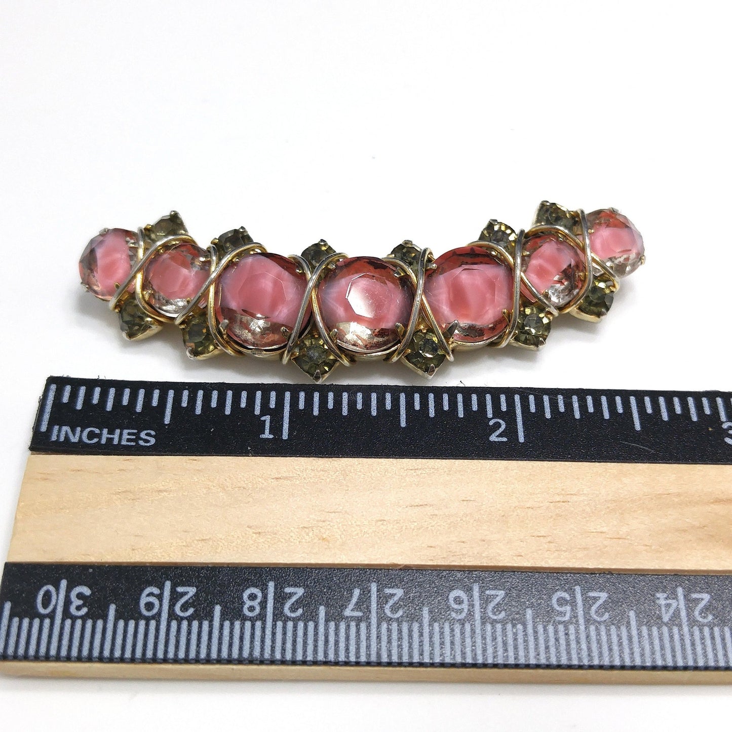 Hattie Carnegie Pink Art Glass Brooch, Gold Plated, Wire Wrapped, 1960s Vintage Jewelry