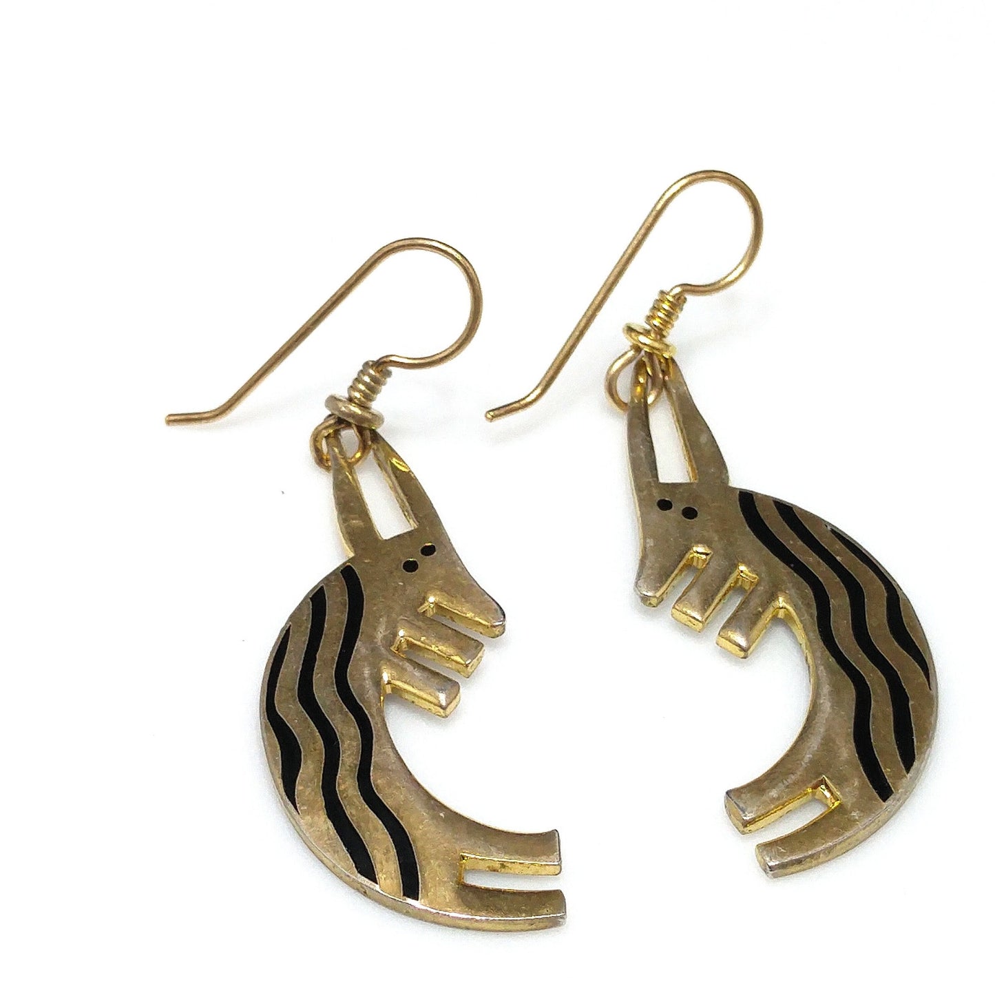 Laurel Burch "Conejo" Rabbit Dangle Earrings, Striped Black Enamel, 1980s Vintage Jewelry