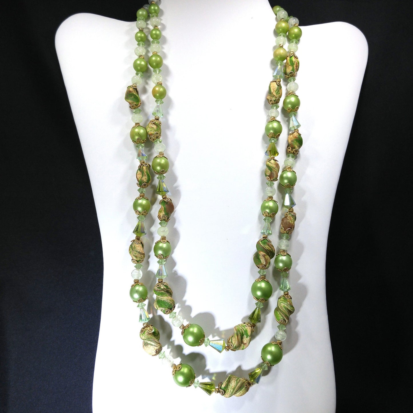 Vendome Green Art Bead Two Strand Necklace with Crystals Vintage 1960s