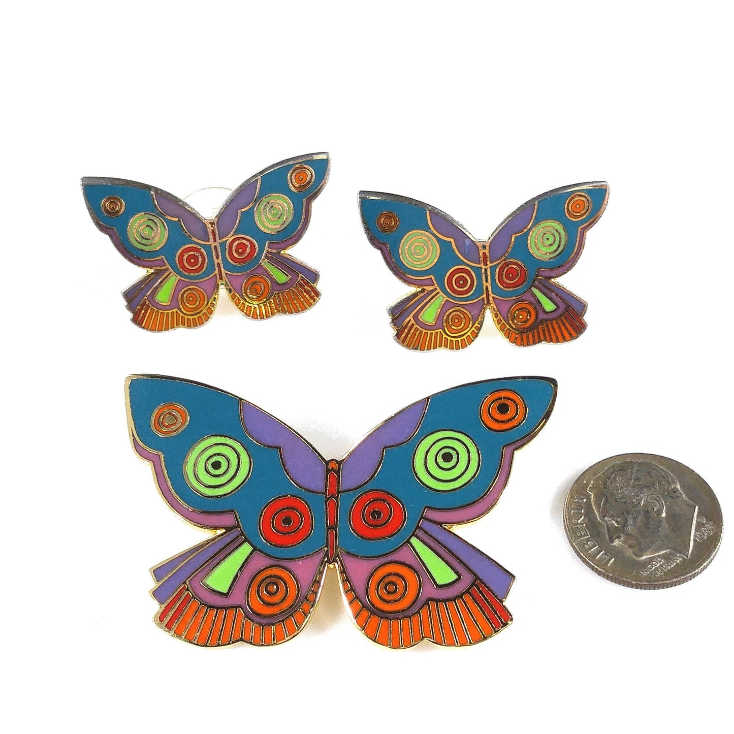 Laurel Burch "Summer Butterfly" Brooch & Earrings, Gold Plated Cloisonne' Enamel, 1980s Vintage Jewelry