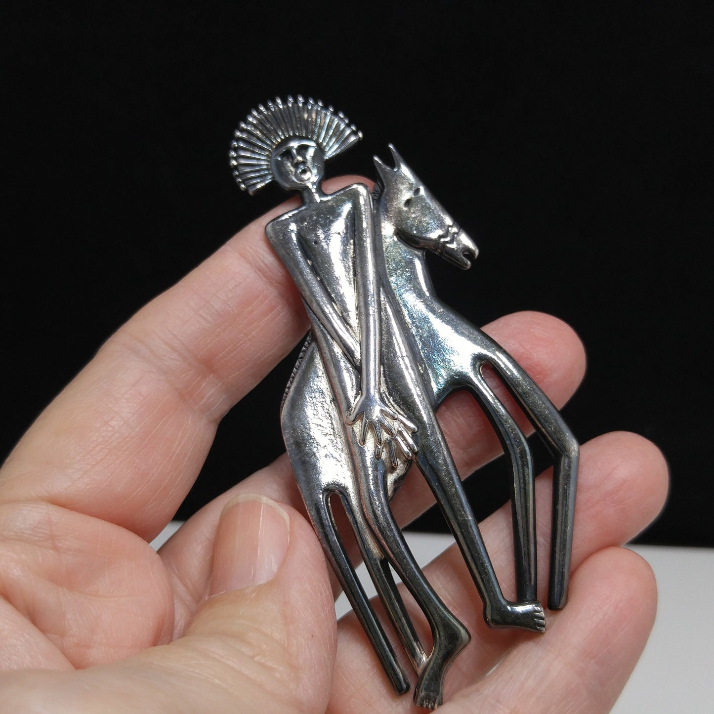 Laurel Burch Spirit Man and Horse Brooch & Pendant, Rhodium Plated, 1980s