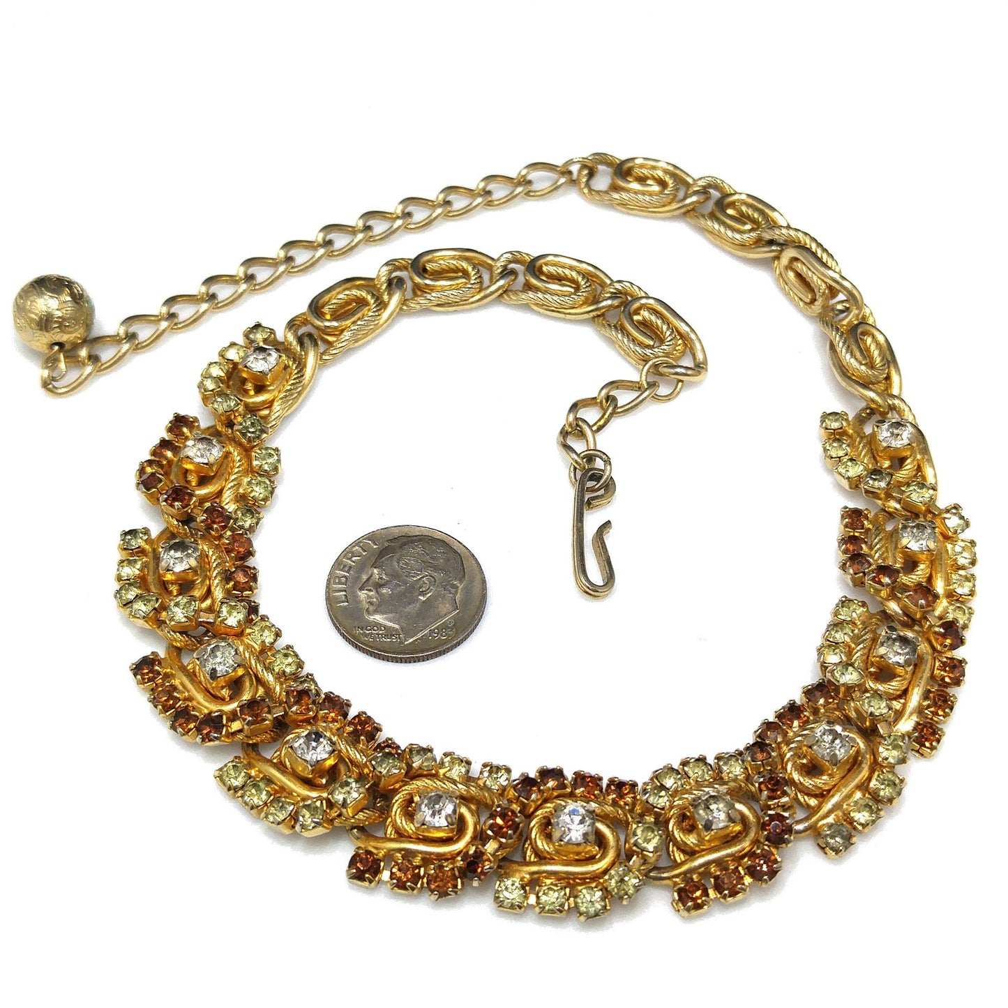 Hobe' Topaz Lt. Green Clear Rhinestone Necklace Bracelet Set, Gold Plated, 1960s Vintage Jewelry