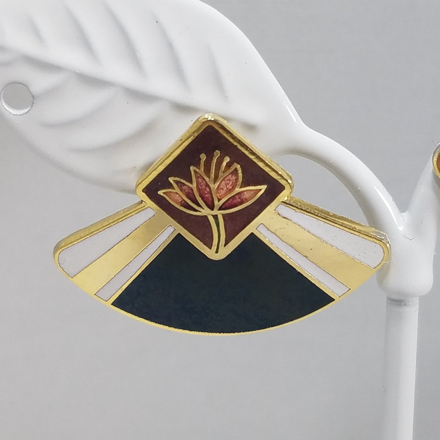 Vintage Laurel Burch WATER LILY Fan Gold Cloisonne Earrings, Gold Filled Posts