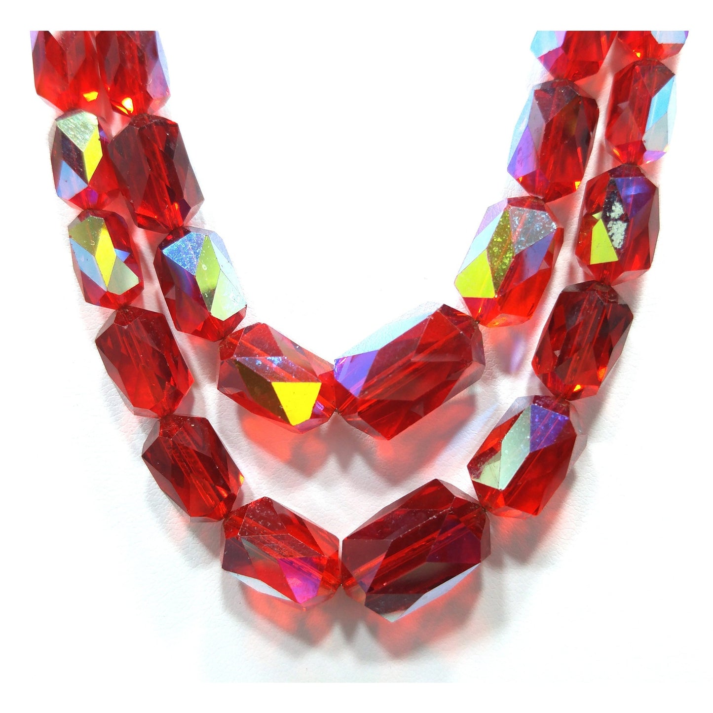 Red Aurora Borealis Graduated Beaded Two Strand Necklace on Chain, 1970s Vintage Jewelry