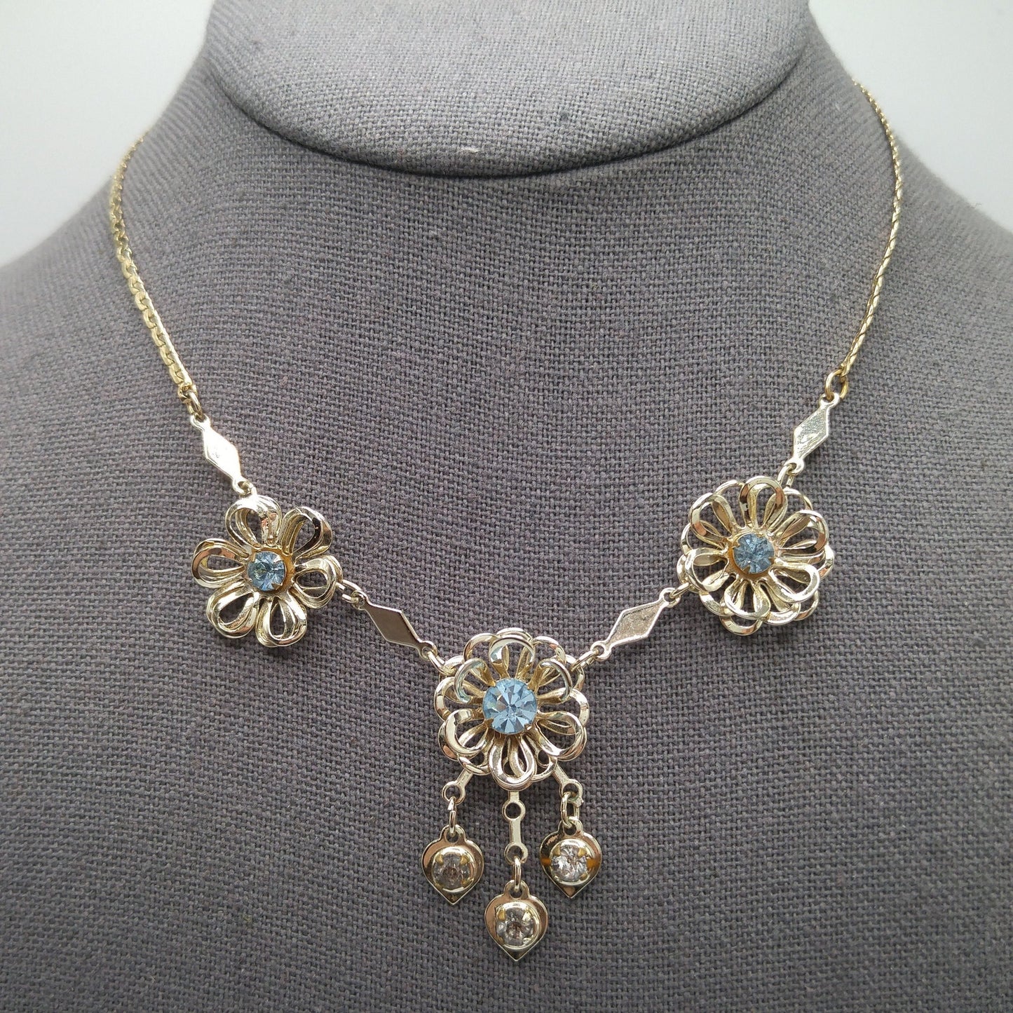 Mid-Century Floral Necklace, Light Blue Rhinestones, Gold Plated, 1950s Vintage Jewelry