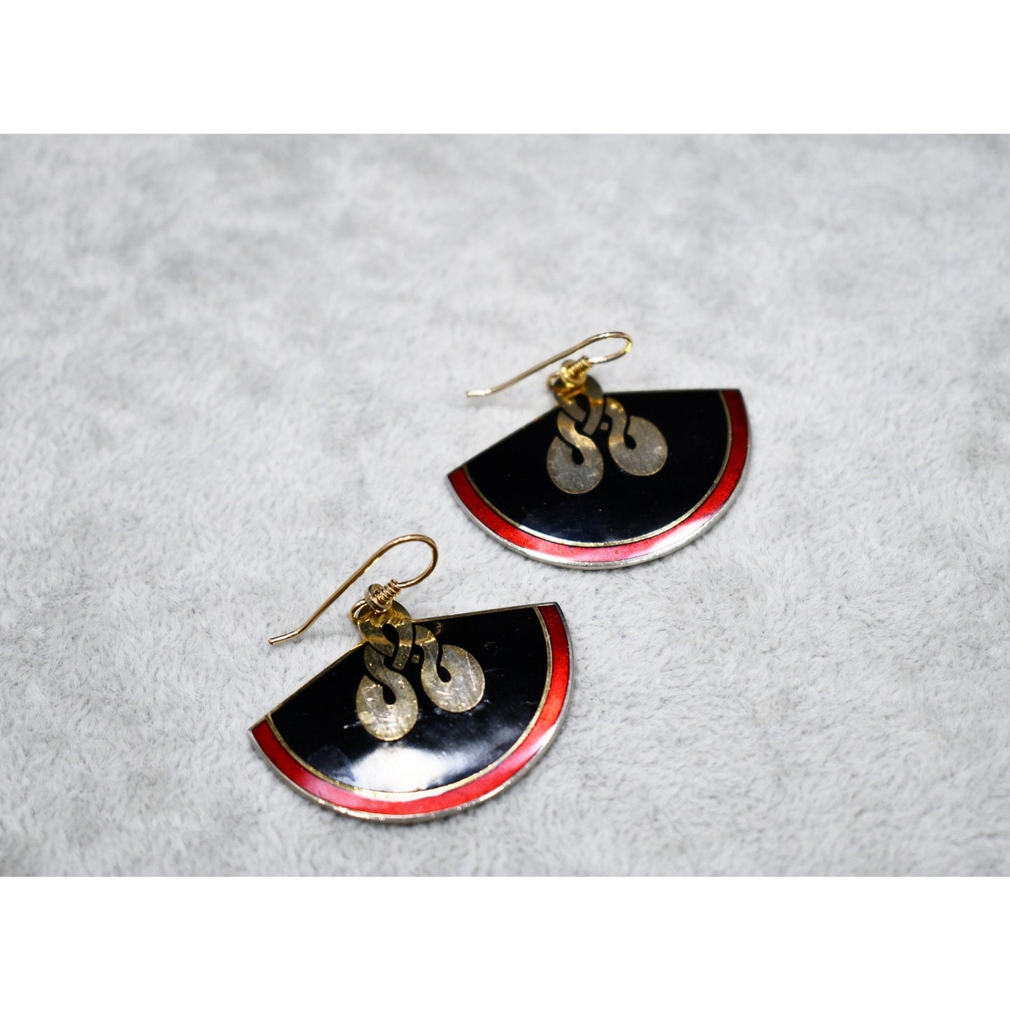 Laurel Burch Large Fan Love Knot Earrings, Cloisonne Gold Plated, Enamel Red Black, 1980s Vintage Jewelry