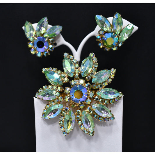 Green Aurora Borealis Brooch & Earrings, Floral Design, Gold Plated, 1960s Vintage Jewelry