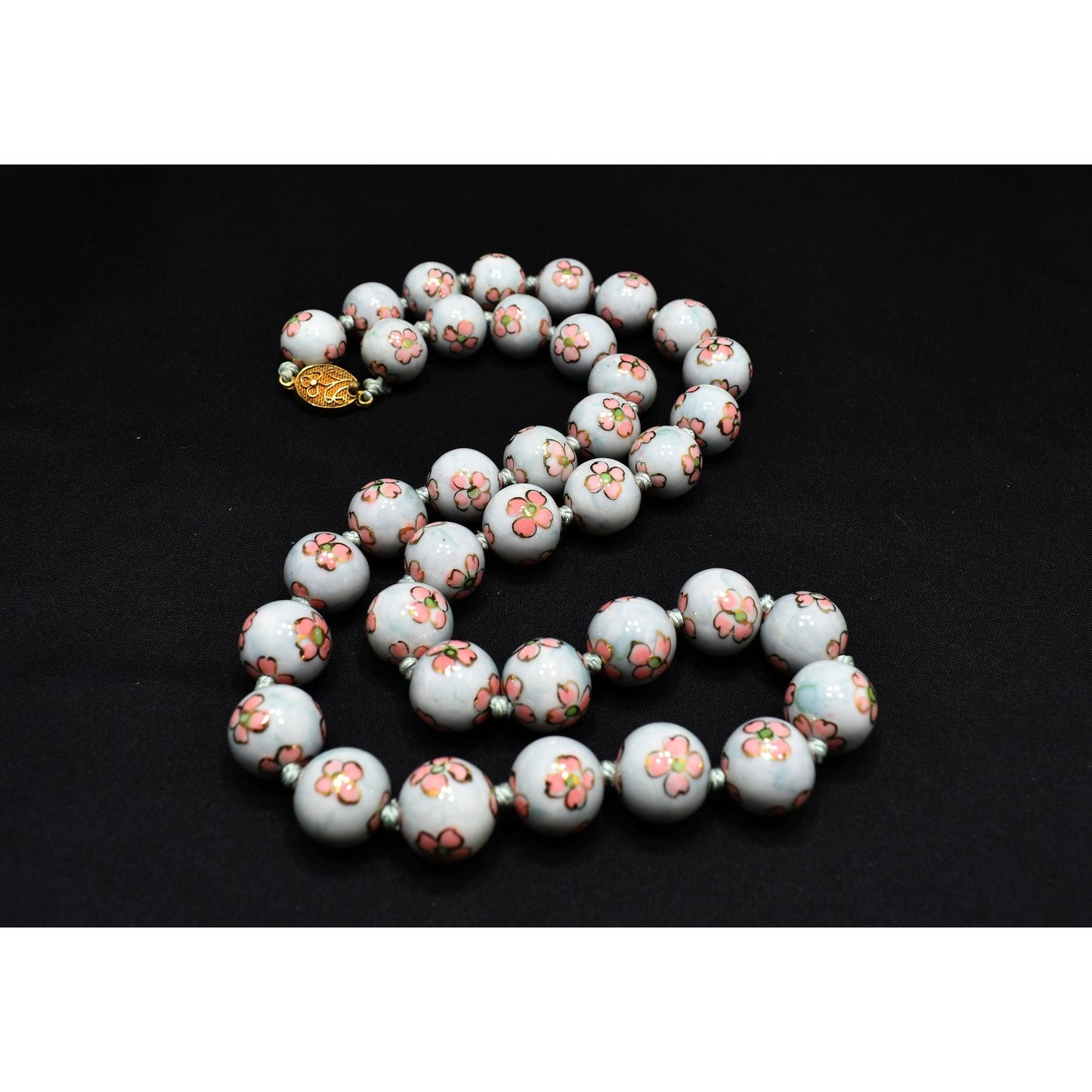 Vintage Chinese Hand Knotted Beaded Necklace, Hand Painted Pink Flowers