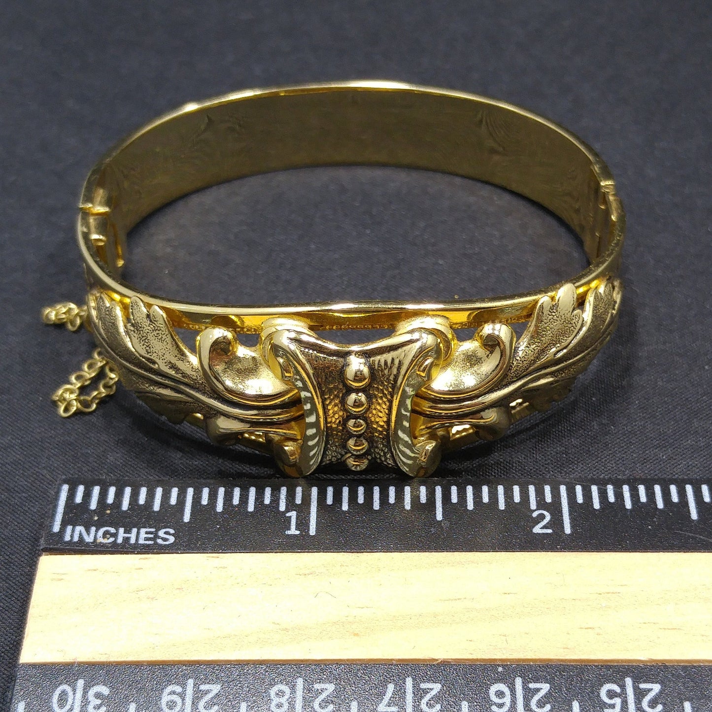 Whiting & Davis Gold Plated Hinged Bracelet, Safety Chain, Snap Lock Clasp, 1960s Vintage Jewelry