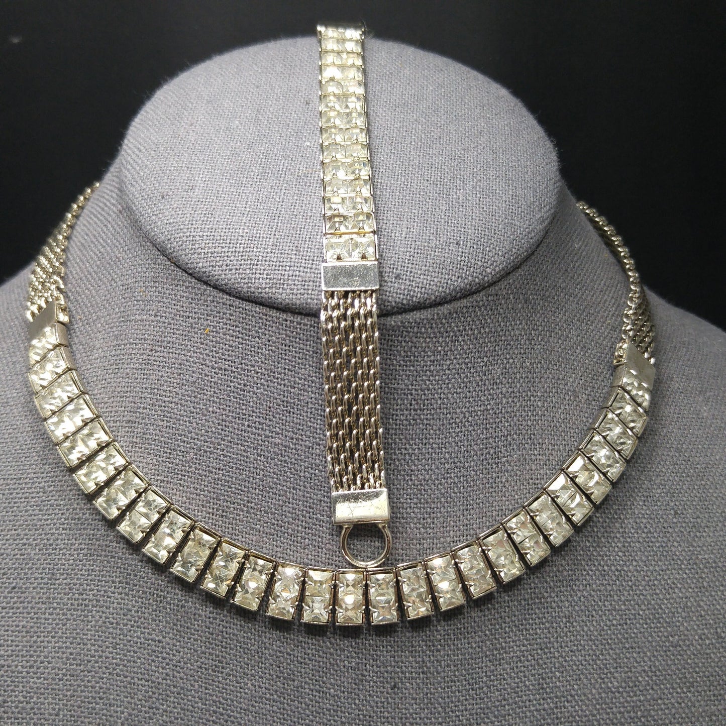 Art Deco Clear Rhinestone Choker Necklace Bracelet Set, Silver Tone Mesh, 1950s Vintage Jewelry