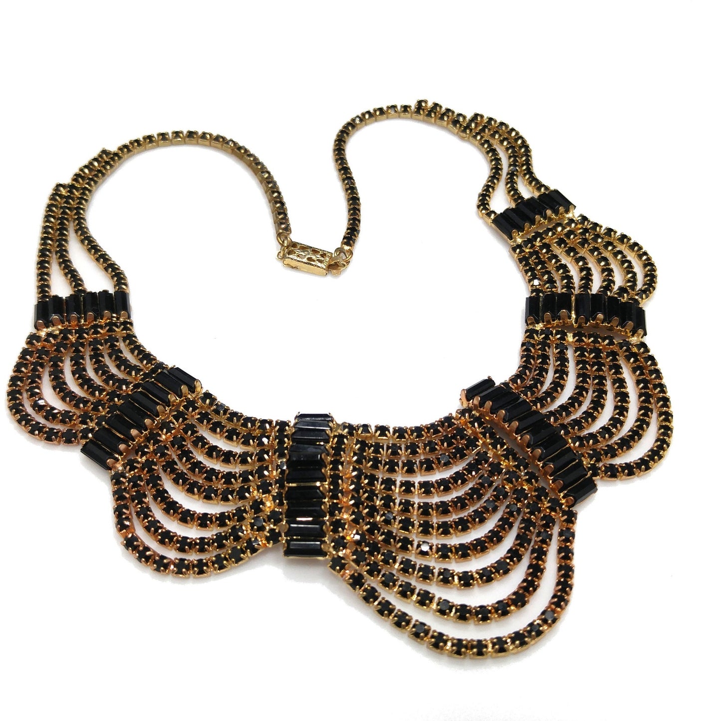 Black Rhinestone Festoon Necklace, Gold Plated, 1950s Vintage Jewelry