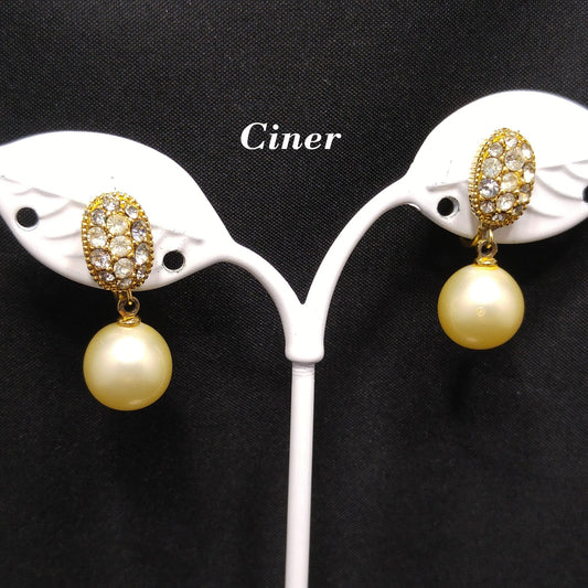 Ciner Faux Pearl Dangle Clip Earrings, Clear Rhinestones, Gold Plated, 1970s Vintage