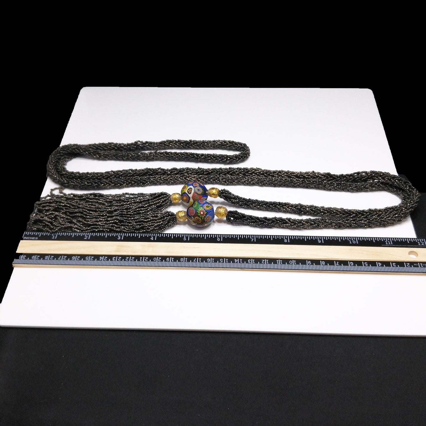 Vintage Art Deco Murano Millefiori Seed Bead Lariat Flapper Necklace, 1920s