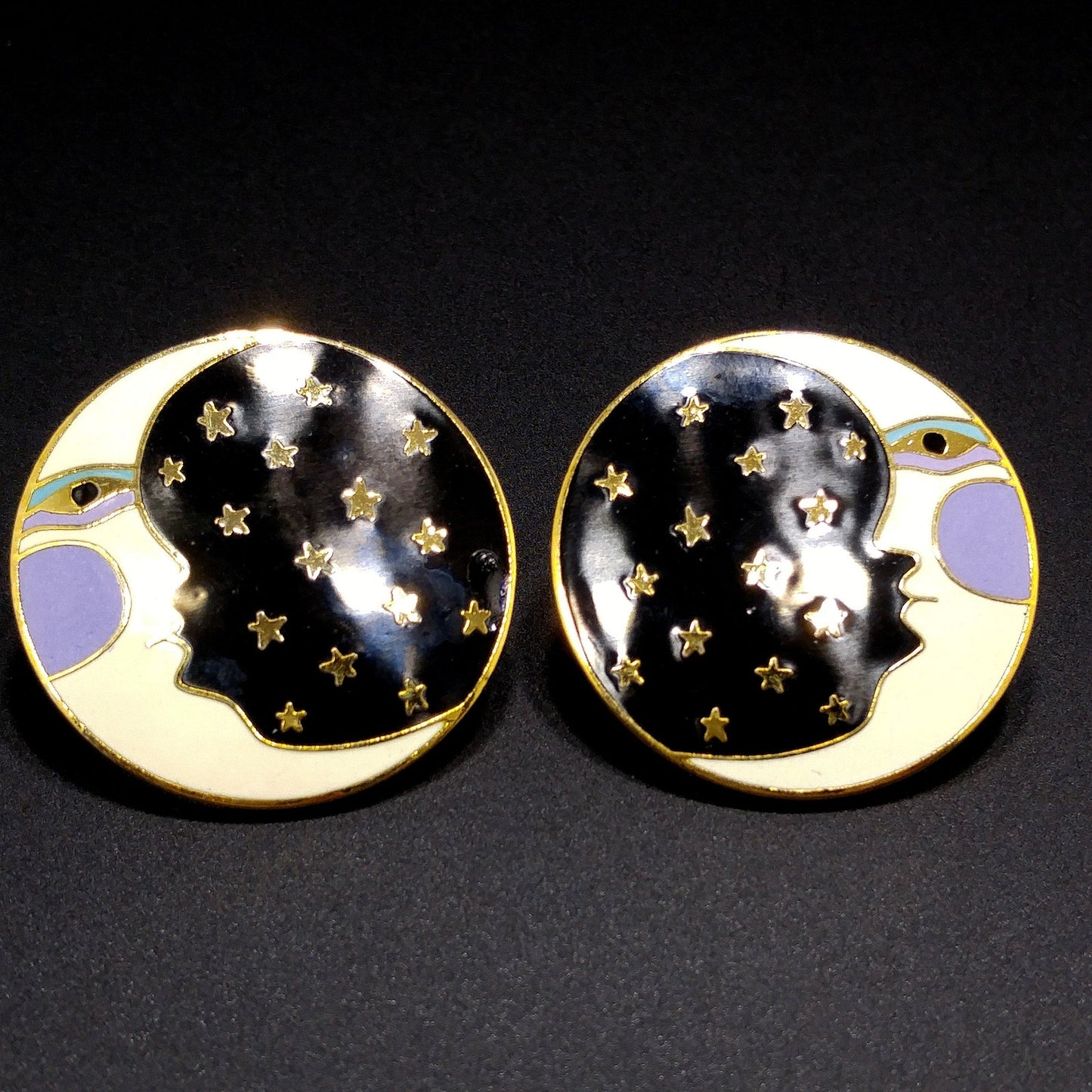Laurel Burch "Moonface" Large Post Earrings, Cloisonné Gold Plate, Enamel Black White Purple, 1980s Vintage Jewelry