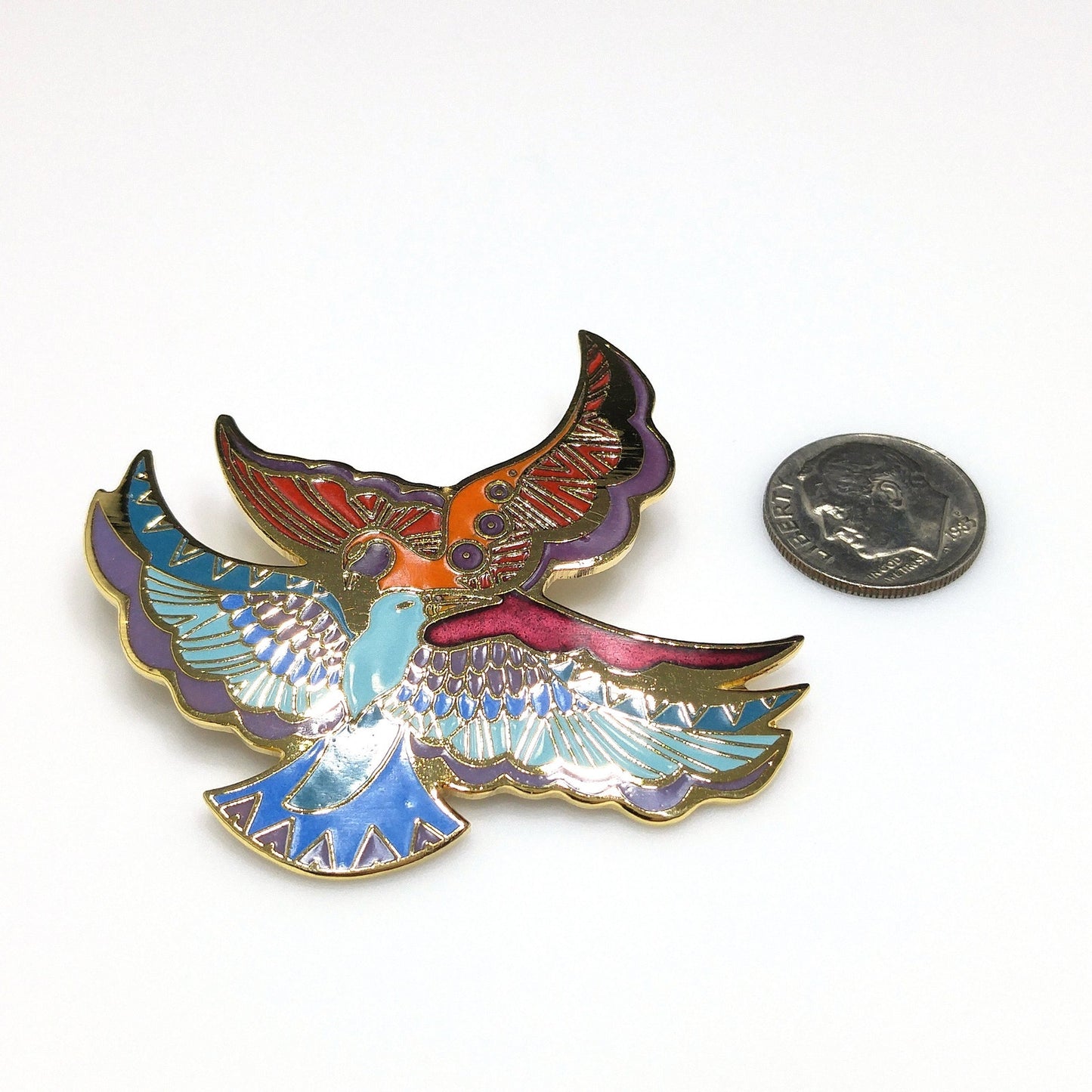 Laurel Burch "Ethereal Birds" Brooch, Cloisonné and Enamel, Gold Plated, 1980s Vintage Jewelry