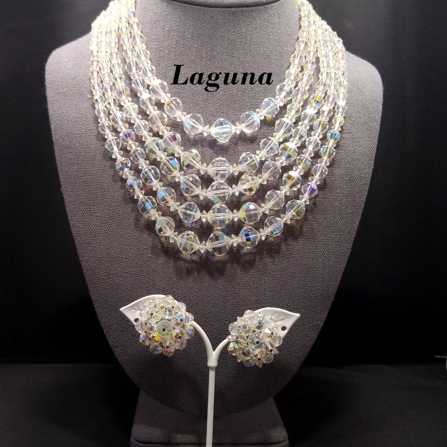 Laguna AB Crystal Beaded Necklace, Five Strands, Aurora Borealis Beads, 1950s