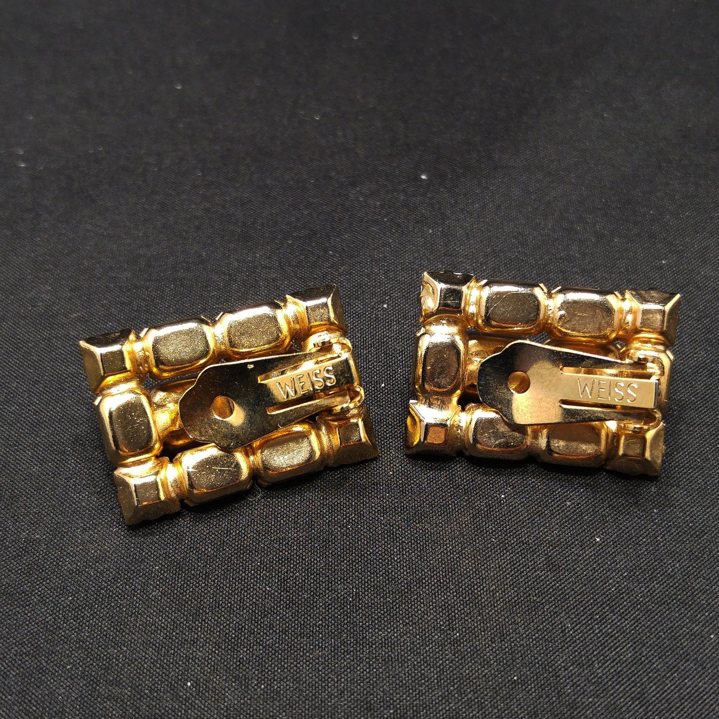 Weiss Aurora Borealis Emerald Cut Earrings, Gold Plating, 1960s Vintage Jewelry