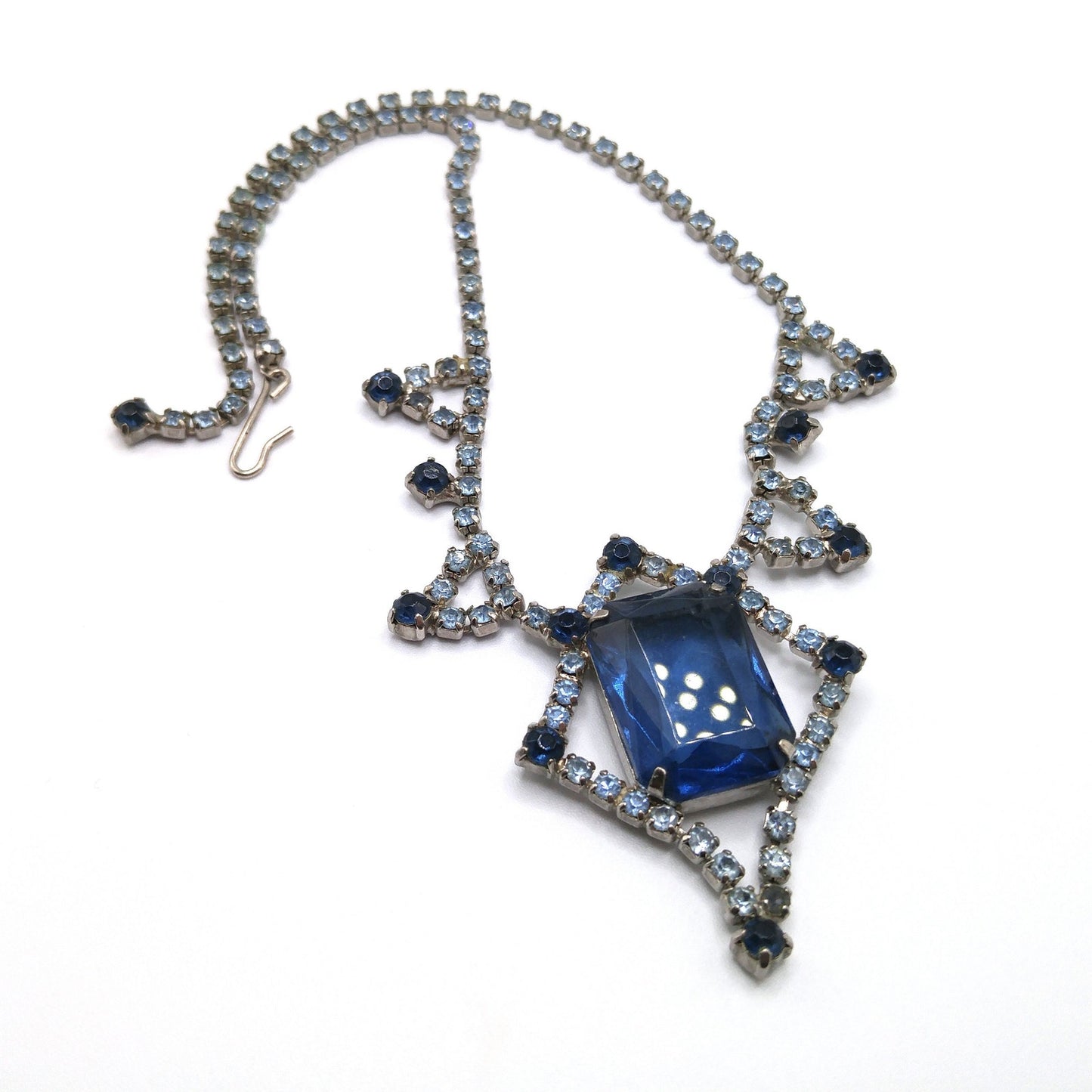 Mid-Century Blue Glass Pendant Necklace, Dark Light Blue Rhinestones, 1950s Vintage Jewelry