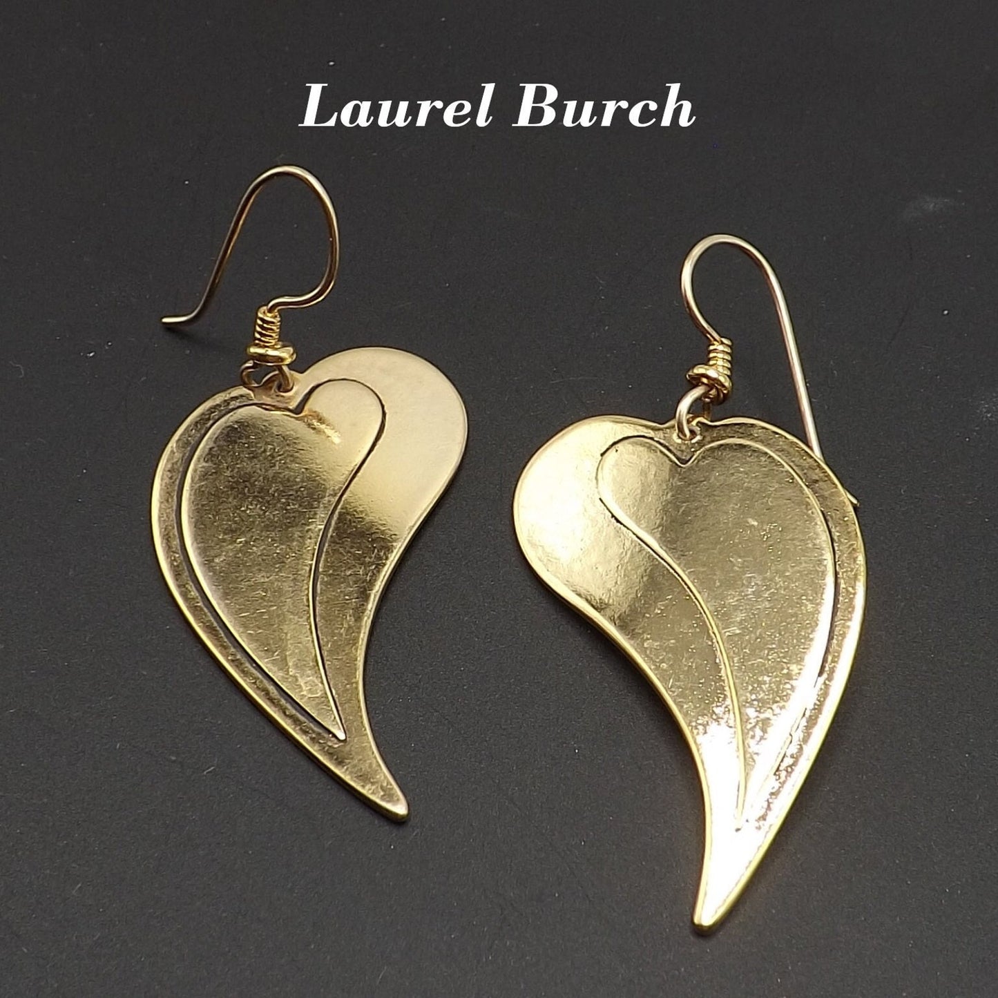 Laurel Burch Large Heart Earrings, Gold Plated, 1980s Vintage Jewelry